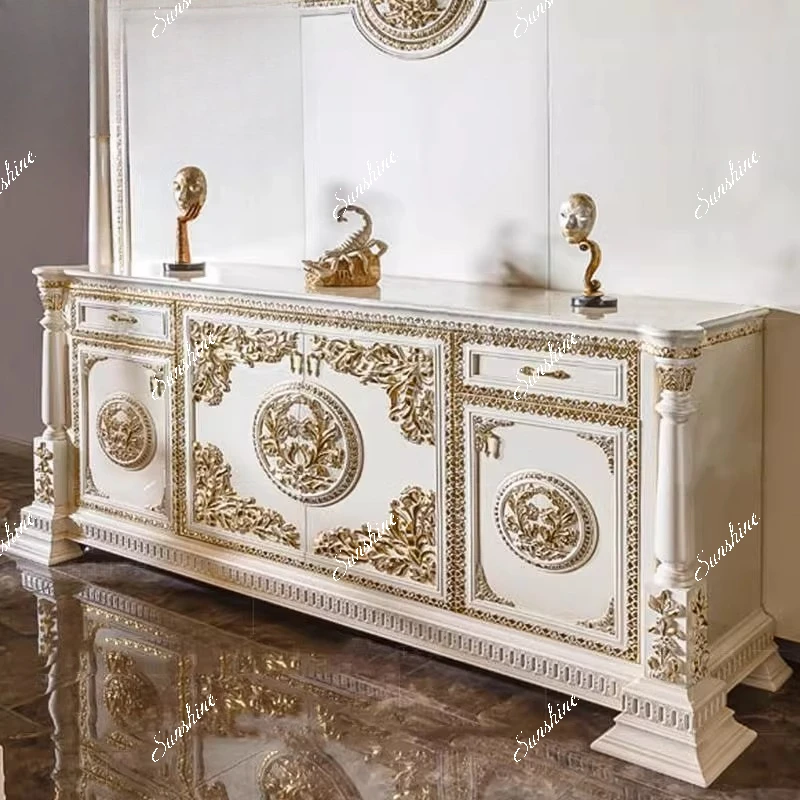 

French solid wood carving flower white storage cabinet villa study side cabinet