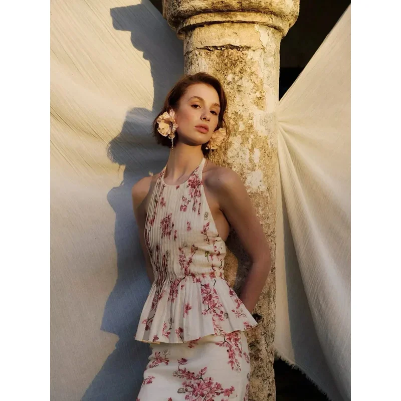 Women's new printed round neck top+fashionable skirt