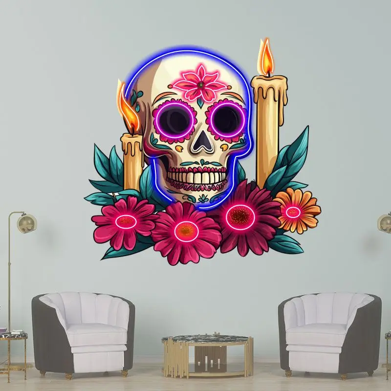 Skull In Flowers Neon Sign, Creative Wall Hanging Neon Light, Whimsical Halloween Decor