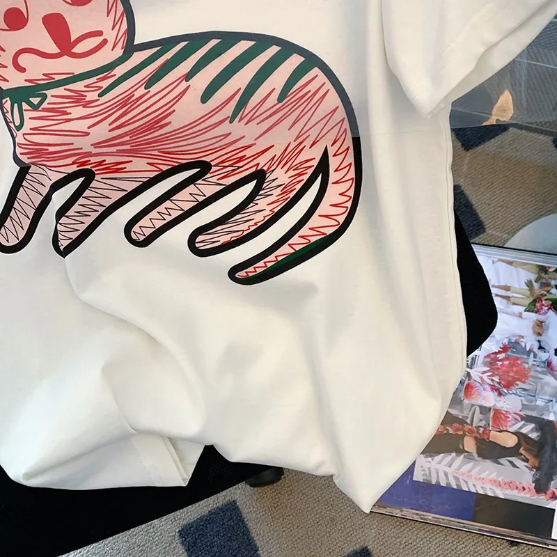 Estate 2023 nuova t-shirt femminile cartone animato gatto lettera stampa a maniche corte femminile sciolto bianco Casual t-shirt Harajuku carino Top