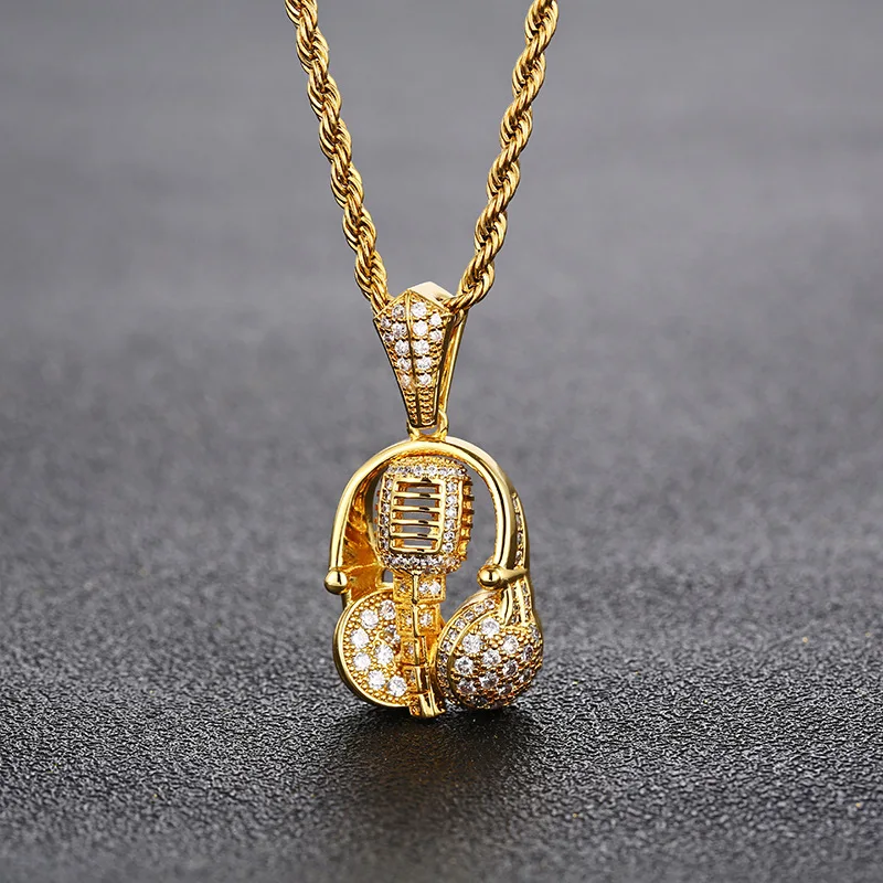 Cross-border European and American OPK rock style music earphones microphone pendant full of zircon hip-hop jewelry necklace