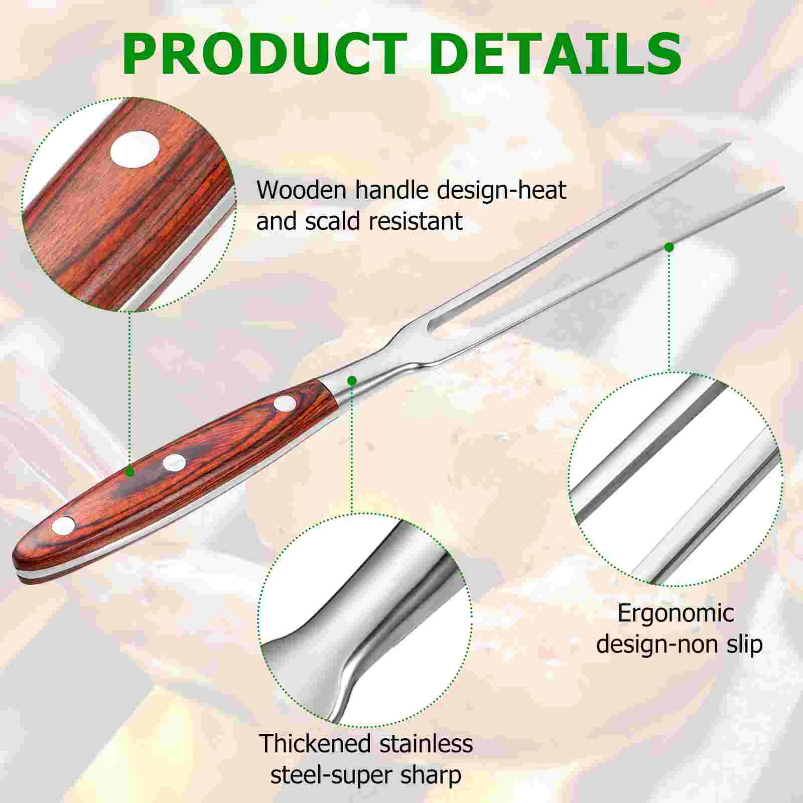 BESTONZON Stainless Steel Meat Fork Double Prong BBQ Skewer Wood Handled Barbecue Fork for Chicken Beef Pork