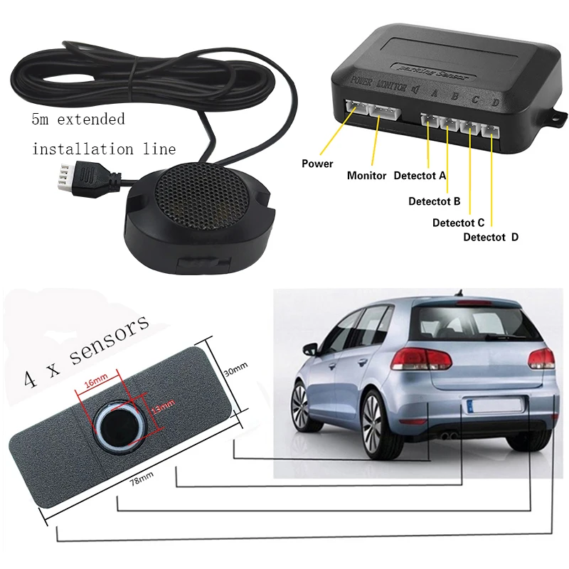 Parkeersensorset Assistent Park Tronics 4 Zwart/Zilver/Wit 13Mm Platte Sensoren Omgekeerde Radar Geluid Zoemer Alarm Geluid