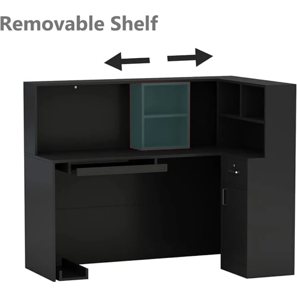 L-Shaped Reception Desk Counter Table with Lockable Drawers & Storage Shelves, Private Workstation for Salon Reception Room