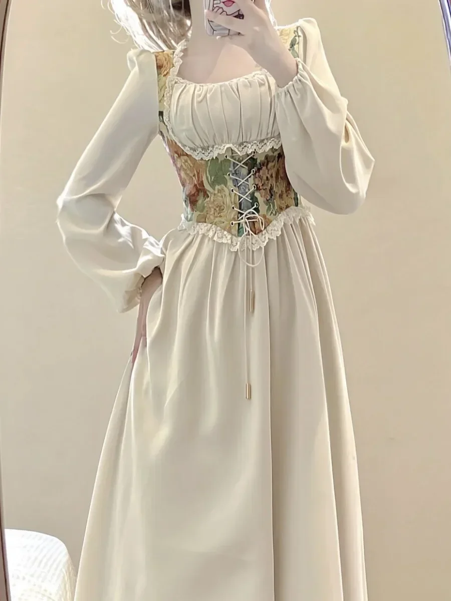 Vestido blanco elegante de princesa dulce para mujer, vestido Midi coreano Kawaii con manga abombada y lazo para mujer, vestido de fiesta de noche informal de otoño 2025