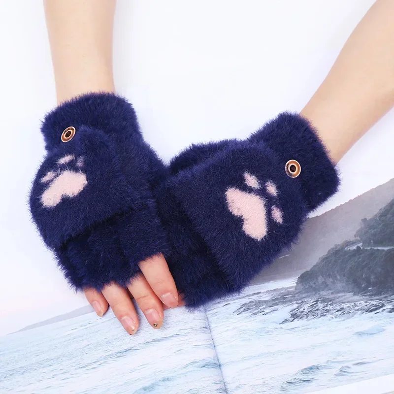 Female Warm Knitted Half Finger Flip Gloves Women Cute Cat Paw Plush Gloves Fashion Knitted Woolen Autumn Winter Thick Gloves