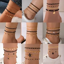 docona Bohemian Black Cord Woven Ankle Set Fashion Geometric Shell Tassel Rhinestone Foot Chain Men's and Women's Jewelry