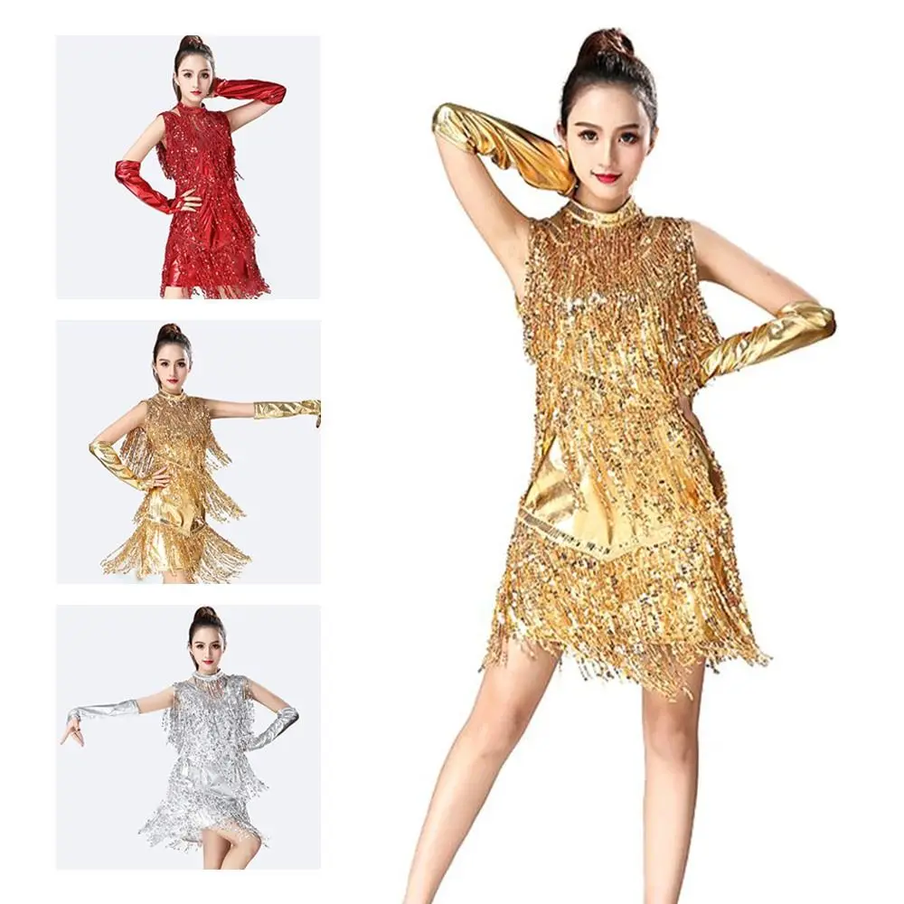 Abito da ballo latino con paillettes con guanti Samba Danza Abito da ballo con paillettes Rumba Danza Nappa Abito da ballo Spettacolo Costumi