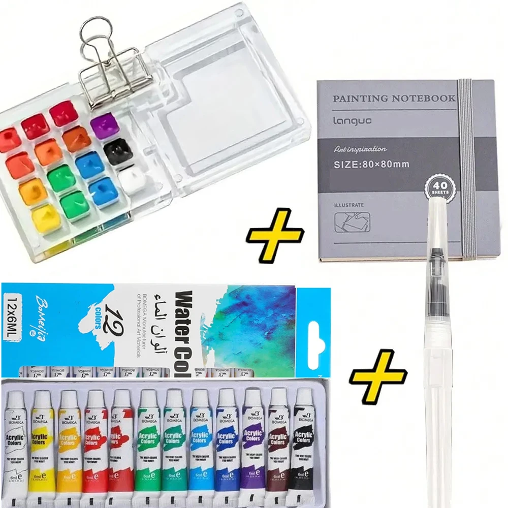 

On-the-Go Art Creation Kit - Portable Mini Acrylic (PMMA) Mixed Color Watercolor Palette Set with Travel Sketchbook