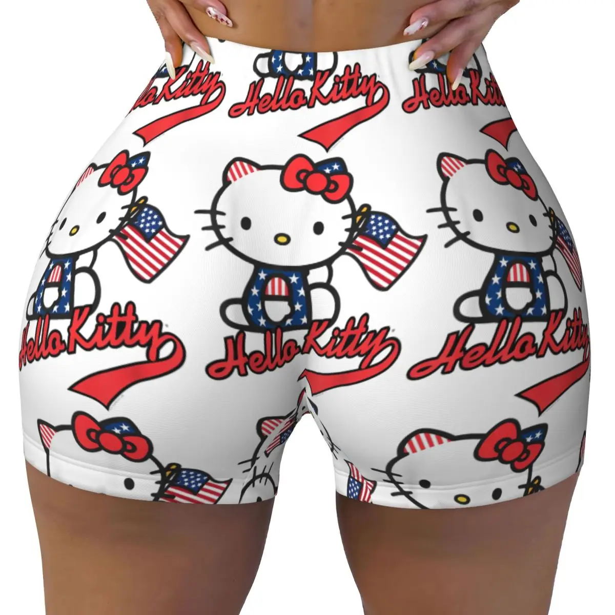 Hello Kitty American Flag High Waist Yoga Shorts for Women Cartoon Scrunch Fitness Workout Gym Pants