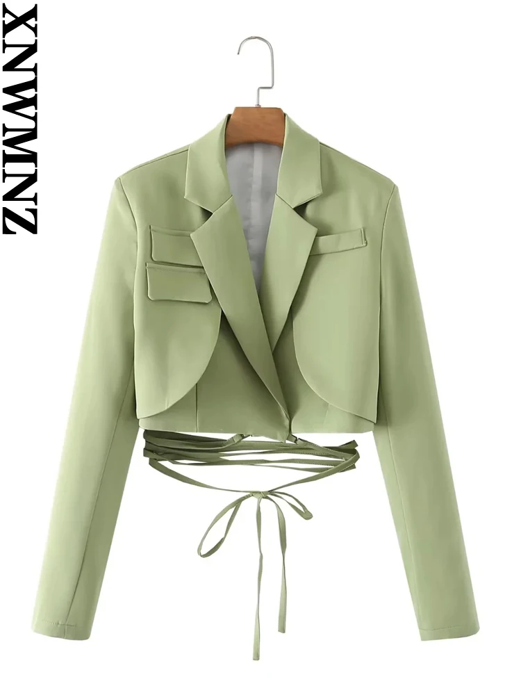 XNWMNZ moda donna 2023 Crop Tie Blazer donna Vintage risvolto manica lunga High Street Versatile capispalla femminile Chic top