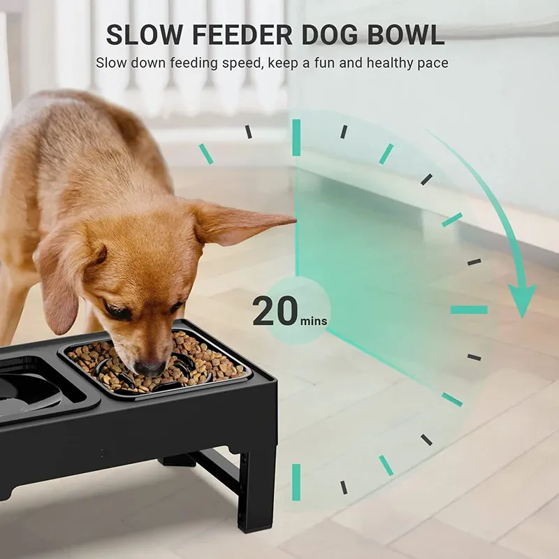 Elevated dog bowl, adjustable spill free pet bowl and stainless steel and slow feeding dog bowl