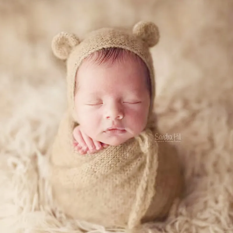 ❤Ropa de fotografía para recién nacido, gorro de oso de punto + envoltura, accesorios para estudio de fotografía de bebé, trajes de ropa de sesión,