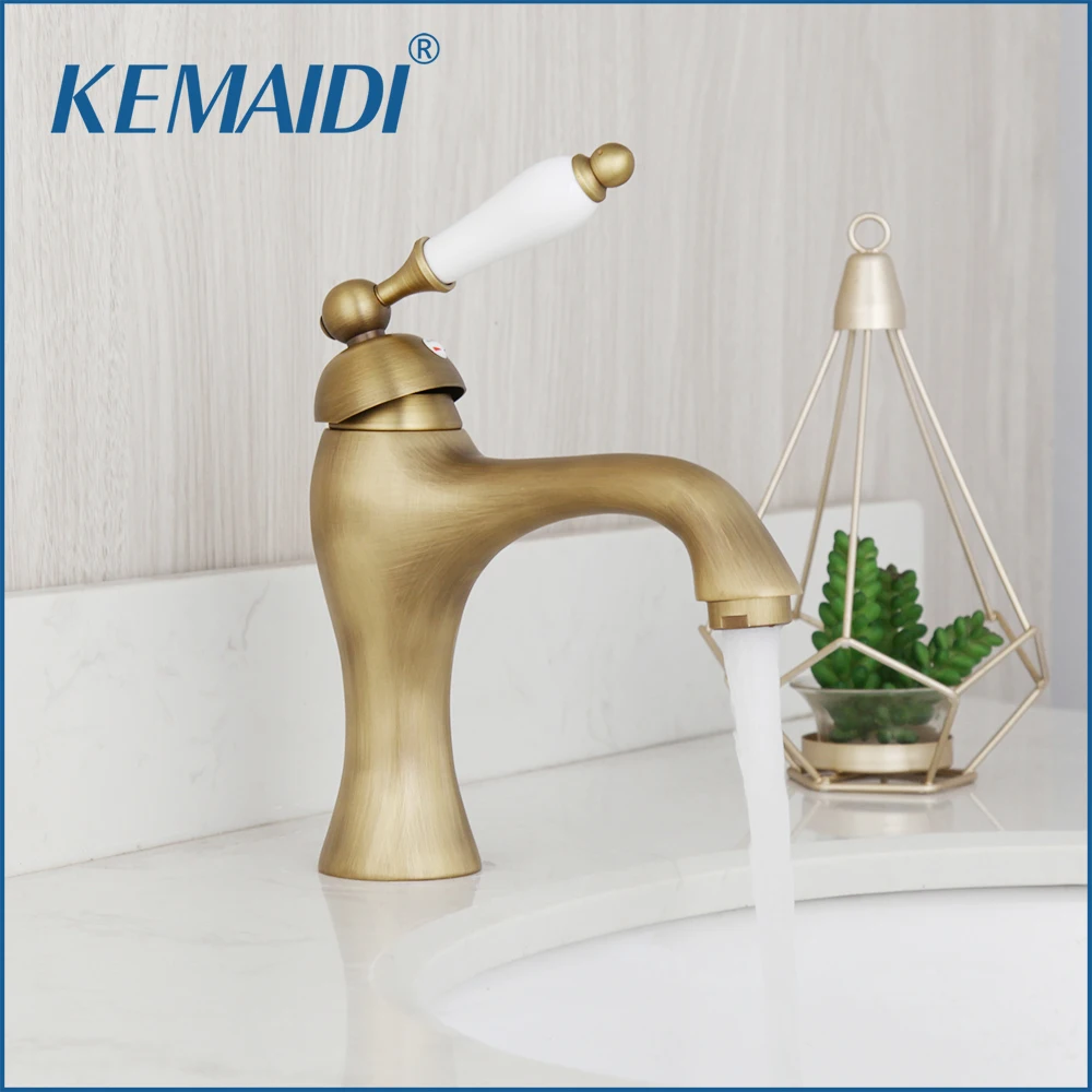 

KEMAIDI Antique Brass Bathroom Sink Faucet Small Basin Mixer Tap Solid Brass Deck Mounted Retro Porcelain Handle Faucets