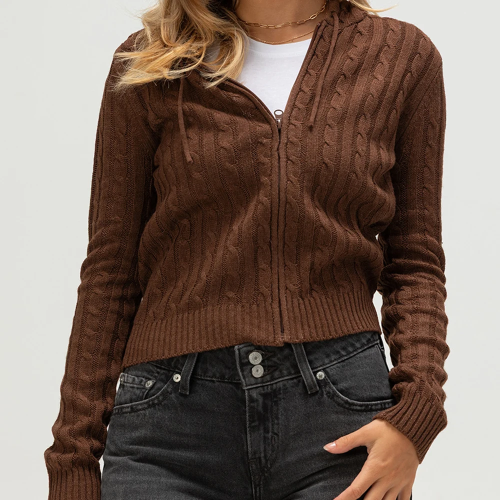 女性春秋ジップアップパーカーカーディガン Y2k ヴィンテージ長袖ニットセーター 90 年代ニットウェアコートジャケットストリートウェア