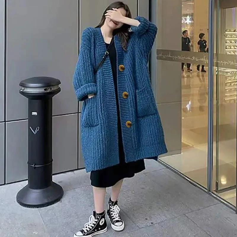 

2025 Women Lazy Wind Sweater Top Cardigan Korean Ladies Fashion Knitted Jacket Spring Autumn Female Medium Length Knitting Coat