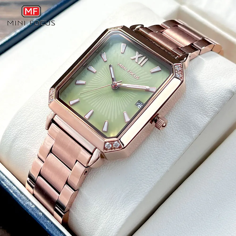 MINI FOCUS Square Dial Quartz Watch Mulheres Moda Analógico Relógio de pulso com mãos luminosas Data Rose Gold Stainless Steel Band 0472