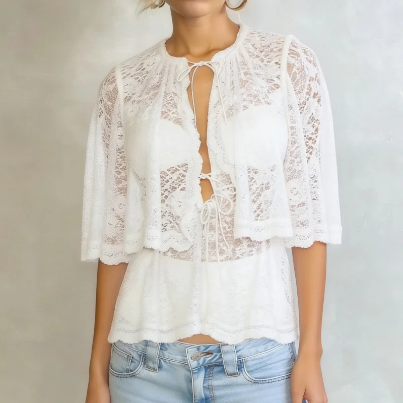 Women Lace Capelet with Bow Tie & Scalloped Trim Sheer Romantic Overlay Shirt Tops Shrug Cape Batwing Sleeve Cover Ups