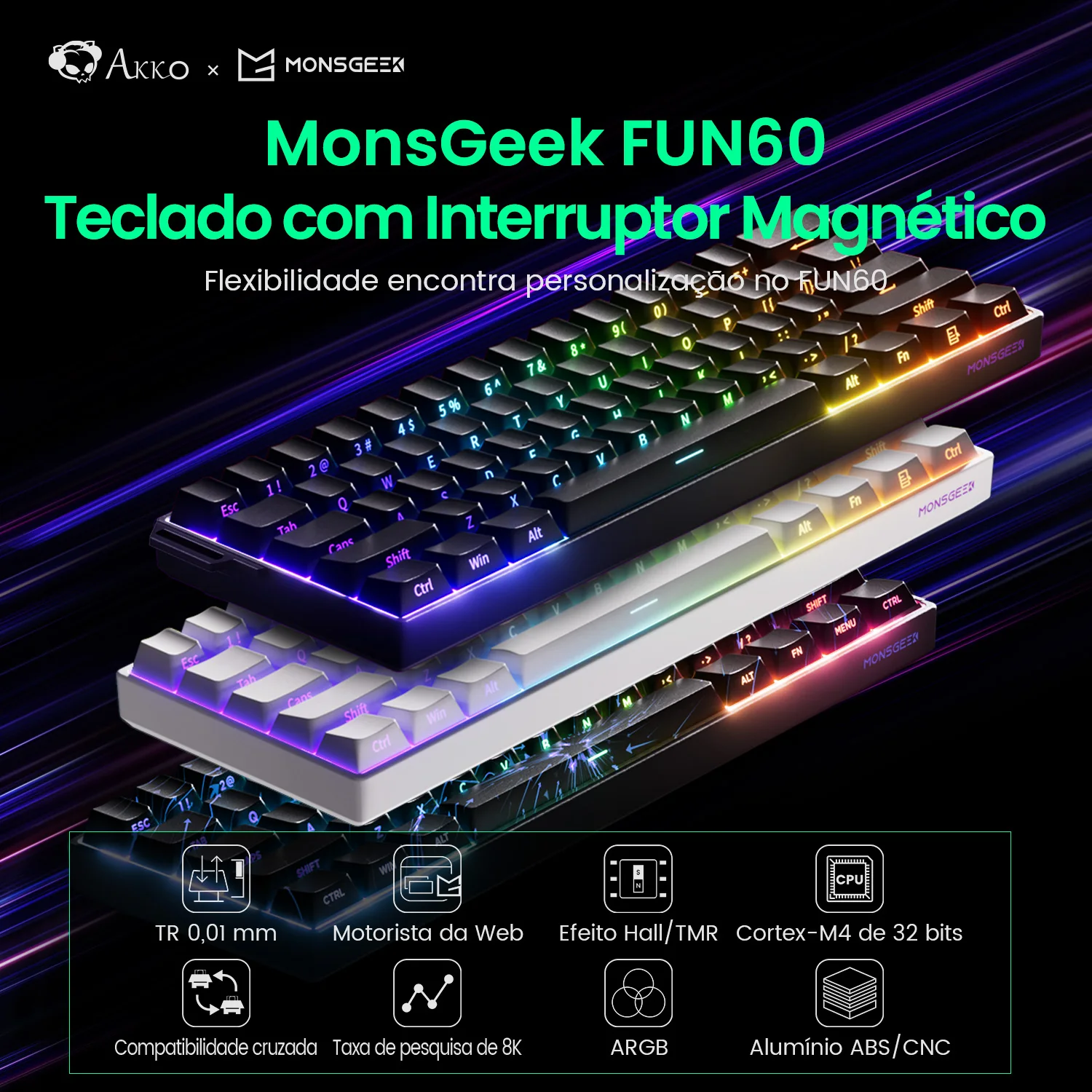 MONSGEEK FUN60 Teclado Mecânico Interruptor Magnético 60% Teclado para Jogos Gatilho Rápido 0.01mm 8K HE/TMR eSports Teclado Personalizado