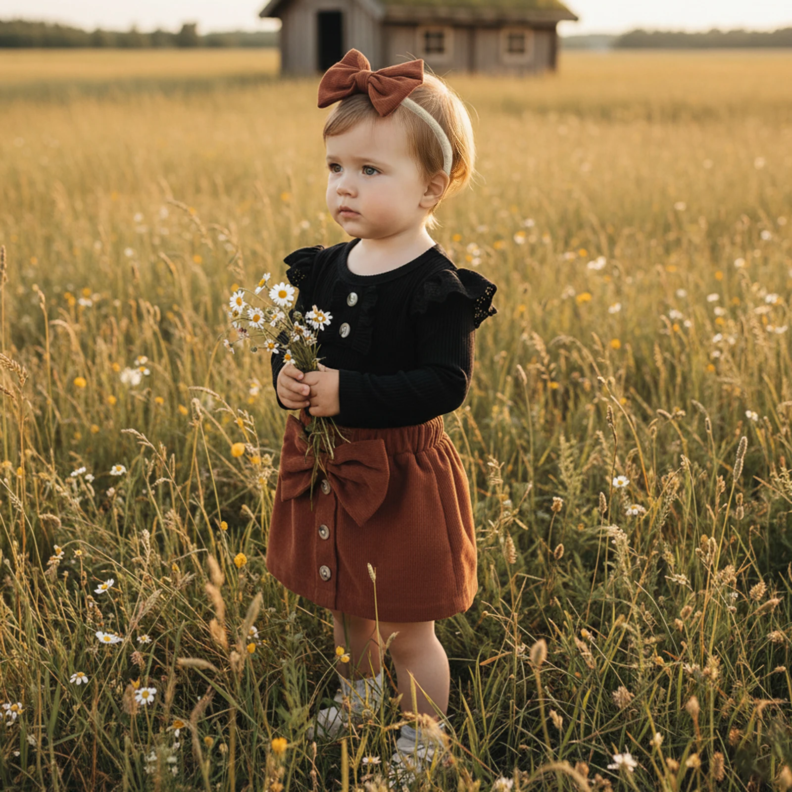 Baby Girls 3-piece Outfit, Long Sleeve Romper with Mini Skirt Bowknot Headband Fall Outfit