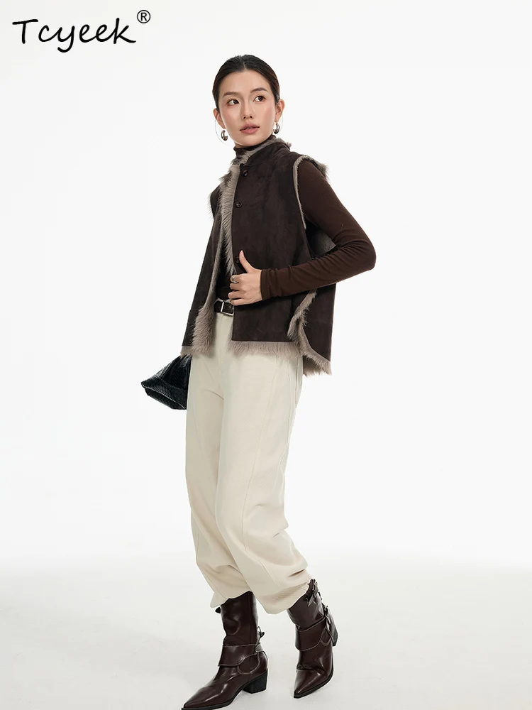 Tcyeek الصوف الحقيقي الخريف الشتاء الراقية العصرية الجديدة النمط الصيني الوقوف طوق أكمام قصيرة المرأة معطف فرو الضأن