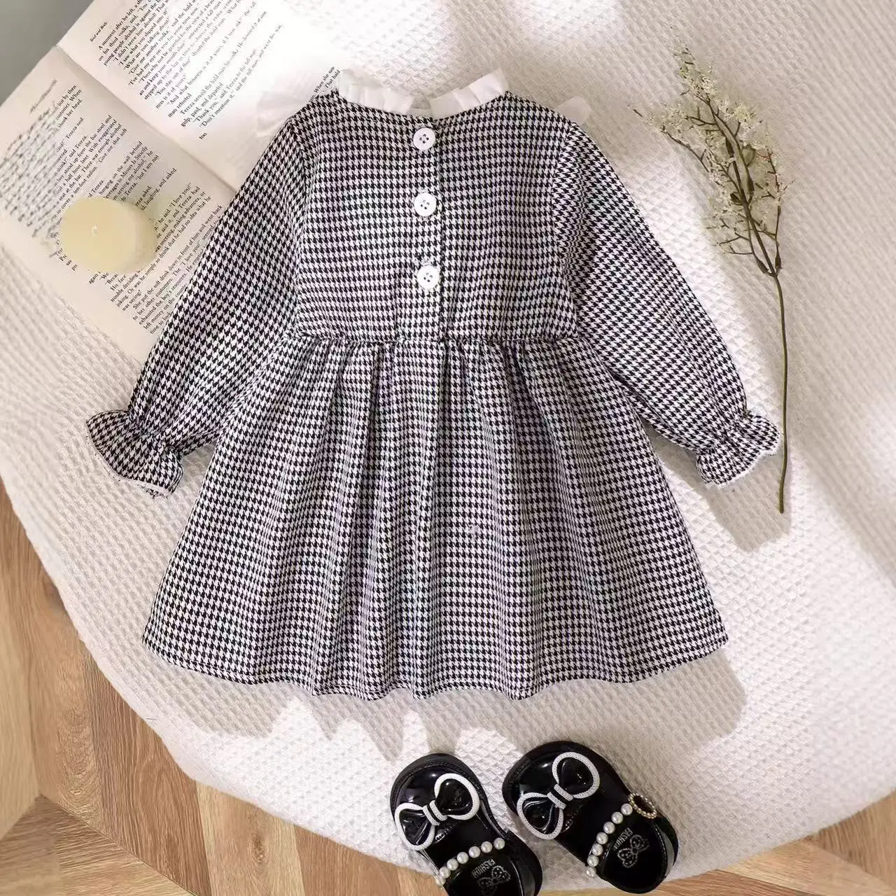 2026 New Arrival Toddler Girls Fall Spring Plaid Dress Bow Ruffled Hem Stylish Princess Dress Kids Outfits for 6M-3Y