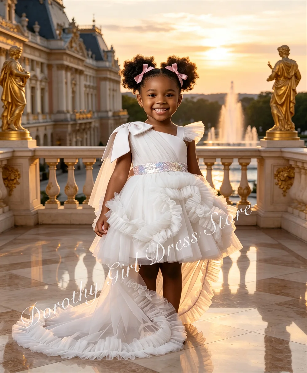 Princess Style Flower Girl Dress with Trailing Bow Knee-Length Fluffy Pleated Gown for Birthday Party And Communion