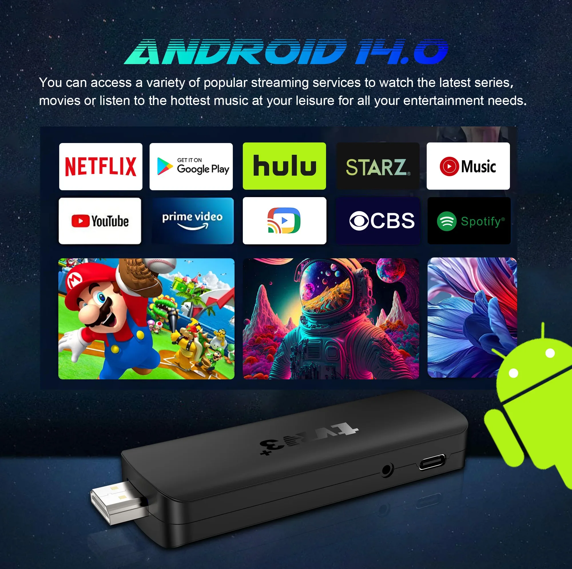 Mortal TVR3 + Android 14 TV Stick 8K Full HD WiFi 6 مشغل الوسائط اللاسلكي Google Voice Netflix BT5.0 Dual-UI Interface RK3518