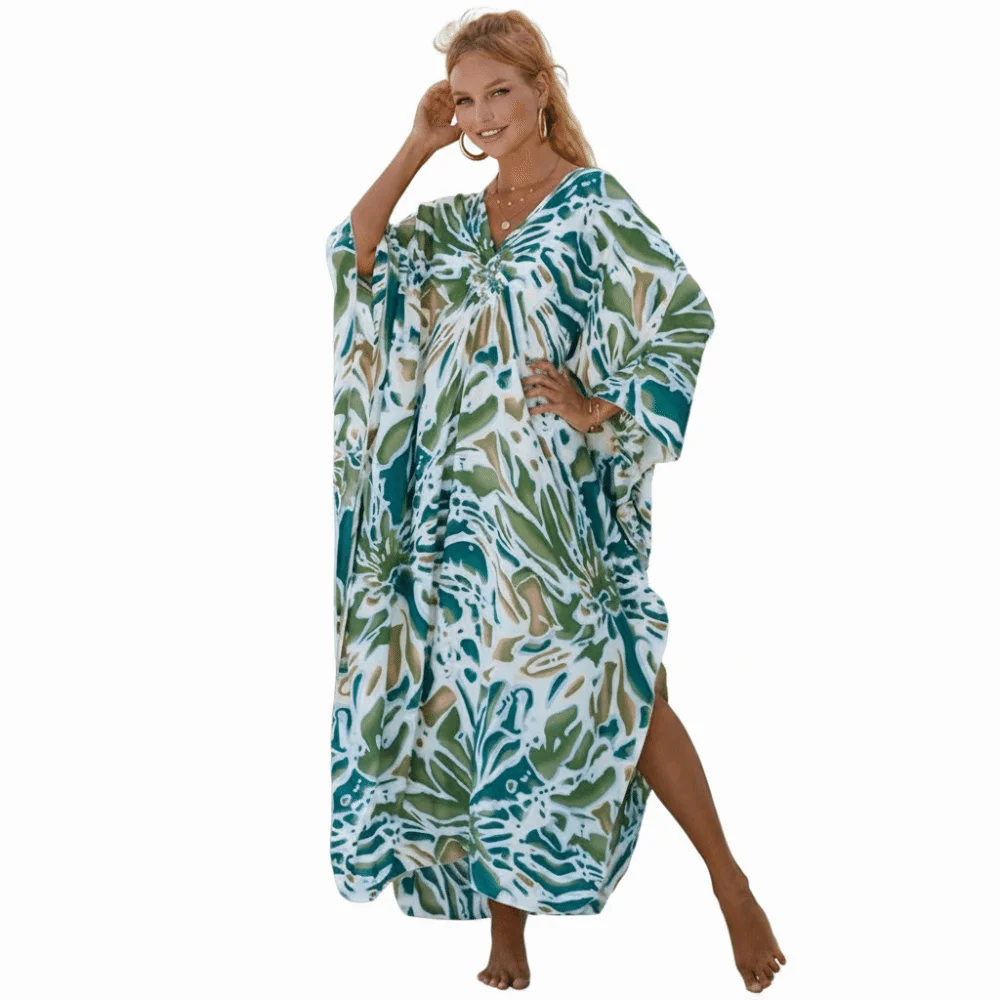 Casual Boho Bikini Cover-ups Leaves Print Oversized Loose Maxi Dress Open Front Beach Cardigan For Women