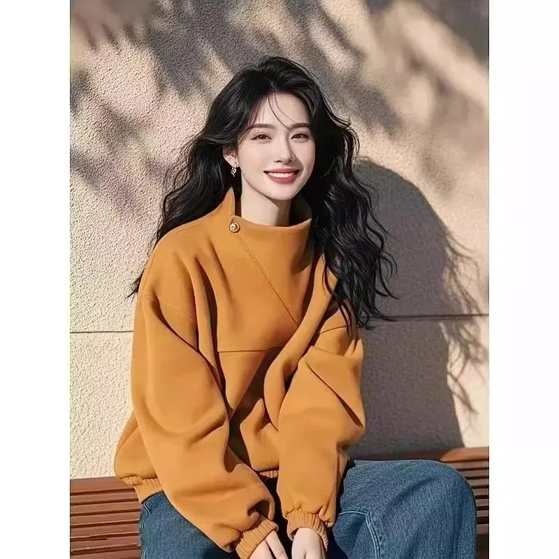 

Women's Spring New Arrival Loose Stylish Ginger Yellow Pullover Sweatshirt V-neck Design Sense Outerwear Top