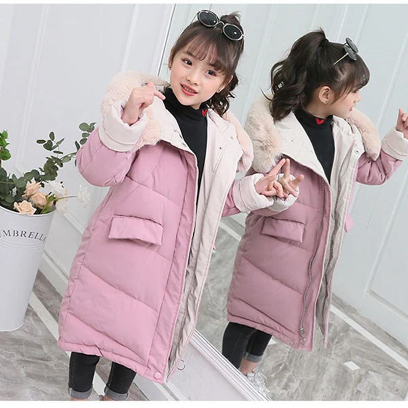 Girl Winter Jacket Kids Outdoor Warm Coat Thick Parka Children\'s Clothing Windproof Cotton Jacket Fur Hooded Outerwear 3-13 Year