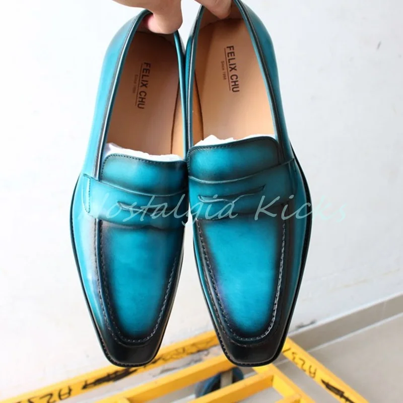 클래식 푸른색 그라데이션 정품 가죽 로퍼 캐주얼 슬립 온 모카신 남성 드레스 슈즈 레트로 소 가죽 옥스포드 신발