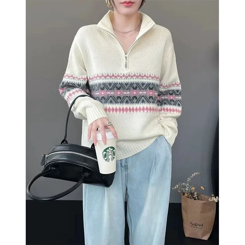 

Knit Contrast Color Jacquard Turtleneck Zipper Sweater Women Autumn Winter 2024 Oversized Thermal Cashmere Pullover Jumpers F91