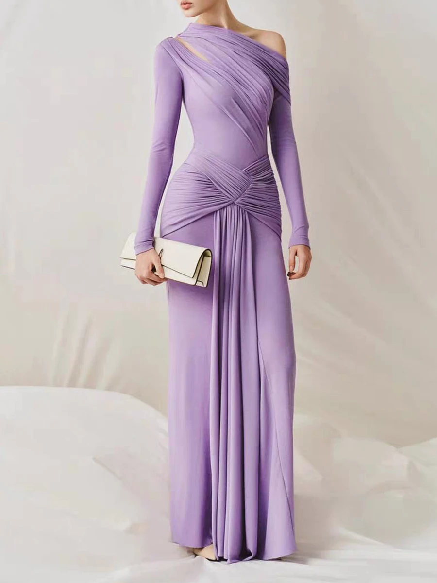 TWOTWINSTYLE Solid Slimming Spliced Folds Dress for Women Diagonal Neck Long Sleeves Patchwork Zipper Dresses Female Fashion New