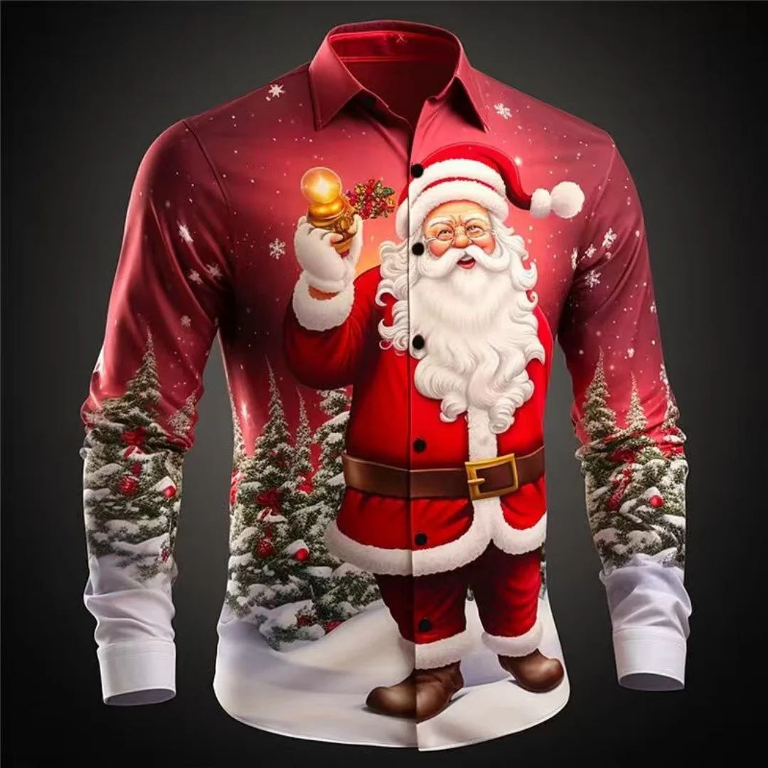 

Happy New Year Santa Claus casual men's long-sleeved button shirt, suitable for parties, dinners, and everyday wear.