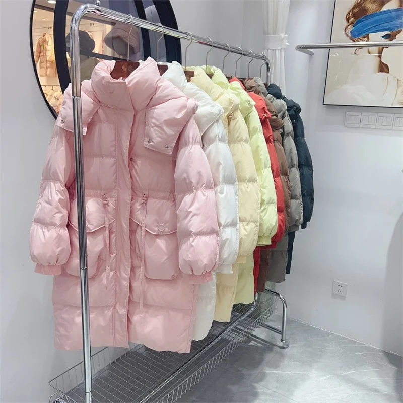 패션 겨울 코트 긴 파카 여성용 다운 코튼 패딩 재킷 두꺼운 따뜻한 Drawstring 오버 코트 후드 루즈 한 겉옷