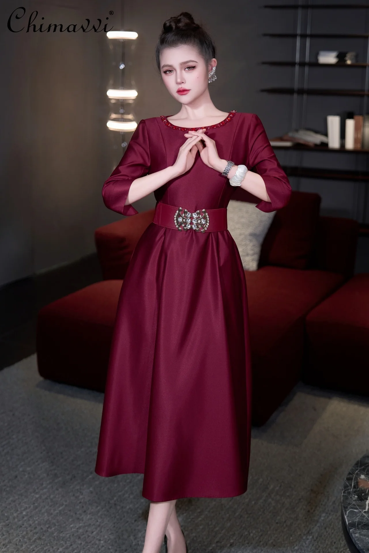 

2026 Summer French Elegant Fashion Socialite Round Neck Short Sleeve High Waist Diamond Belt A-line Evening Long Dress For Women