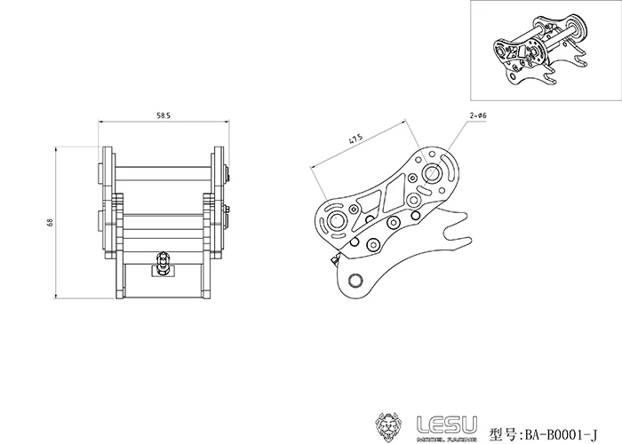 Metalowy chwytak selektorowy LESU, mocowanie stałe do koparki hydraulicznej RC 1/14, części ramienia symulujące operacje inżynieryjne.