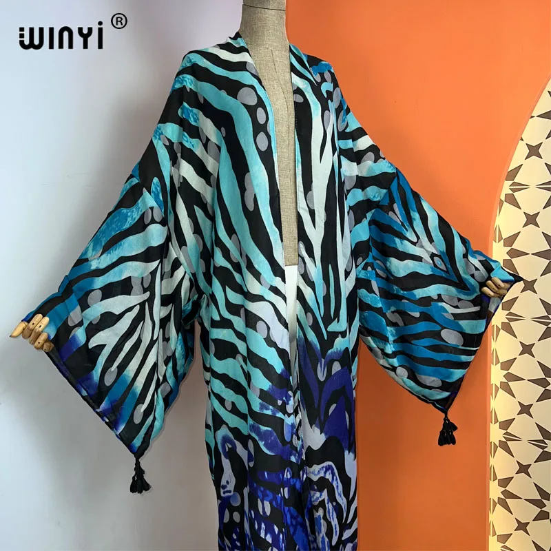 WINYI kobiety dorywczo afrykańskie frędzle Kaftan Gradient długi rękaw z nadrukiem plaża Boho długi sweter Cover-up letnie Kimono sukienka