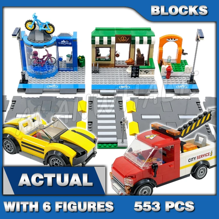 553pcs City Shopping Street Bakery Bike Shop Park Cargo Bike Sports Car Truck 60059 Building Block Toys Compatible With Model