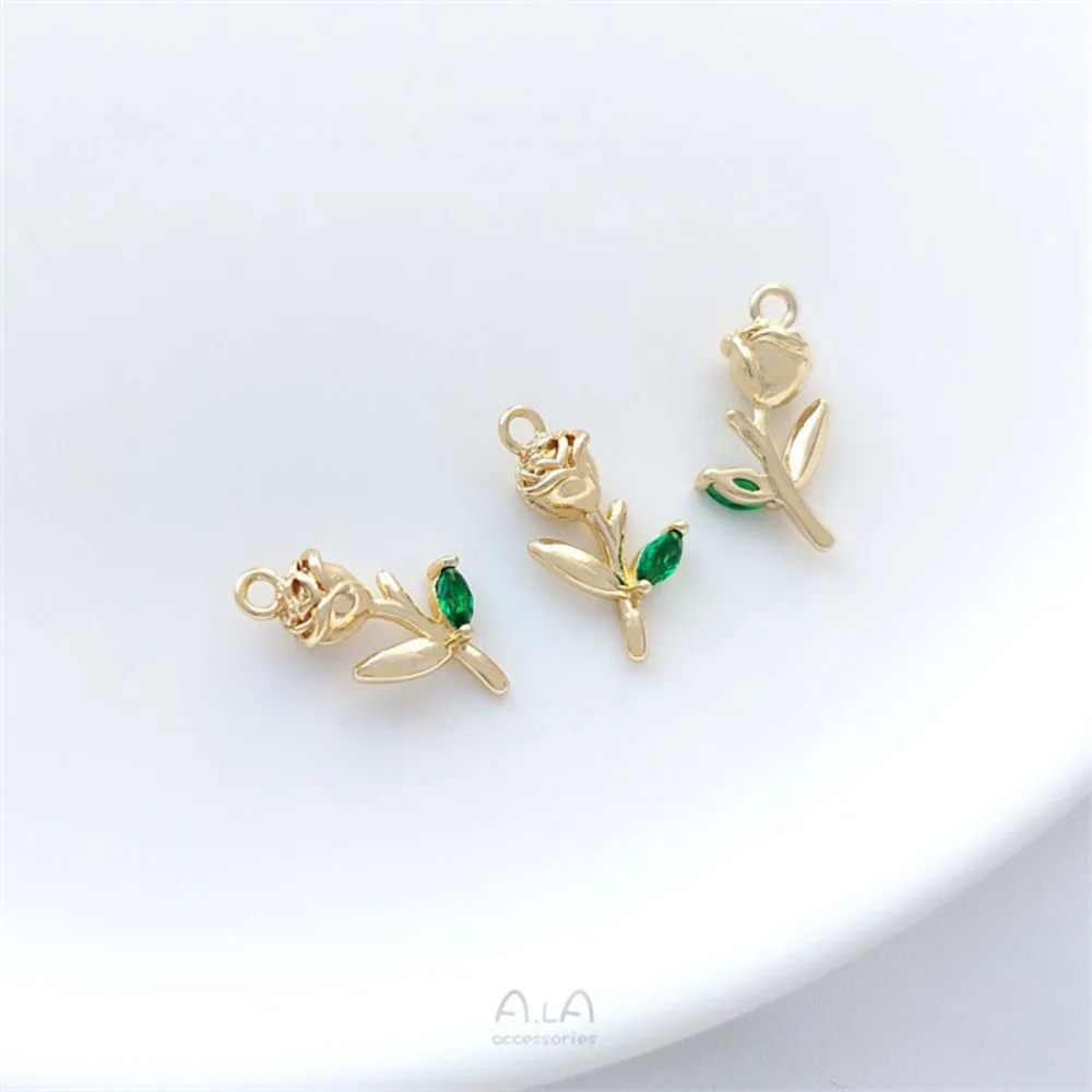 

1Pcs Copper Charms 14K Gold Color Rose Pendant with Branches and Leaves Handmade DIY Bracelet Necklace Earrings Pendant