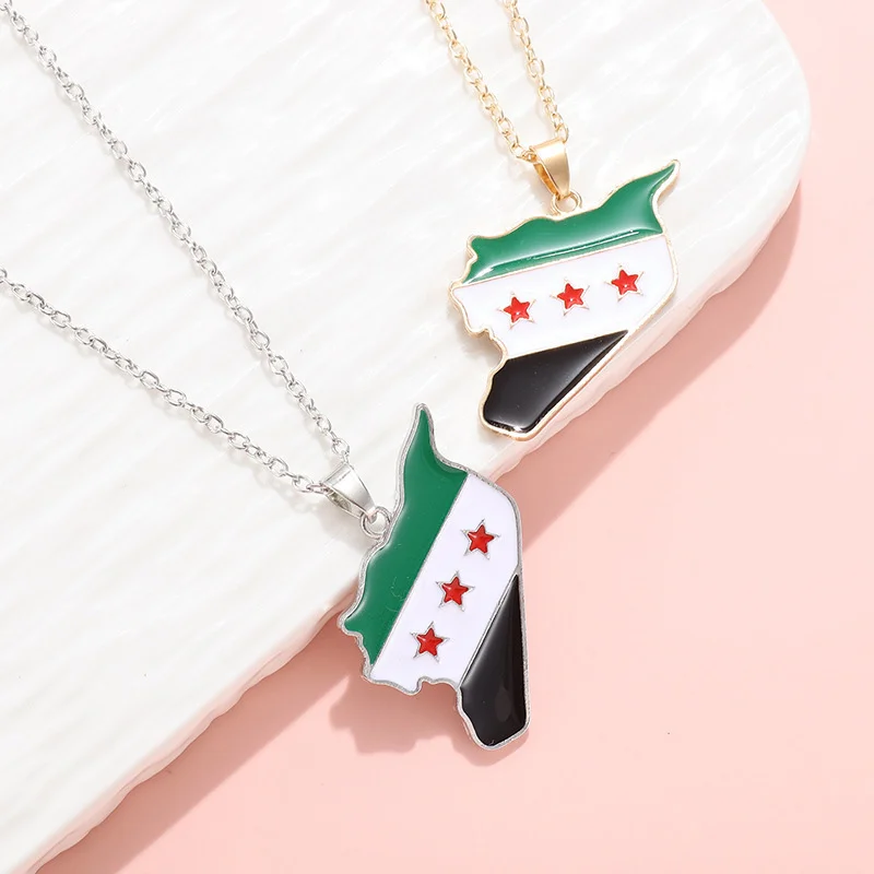 Syria Map Flag Necklaces Gold Silver Vintage Alloy Pendant Keychain Men Women Syrians Map Hanging Chain Fashion Decoration