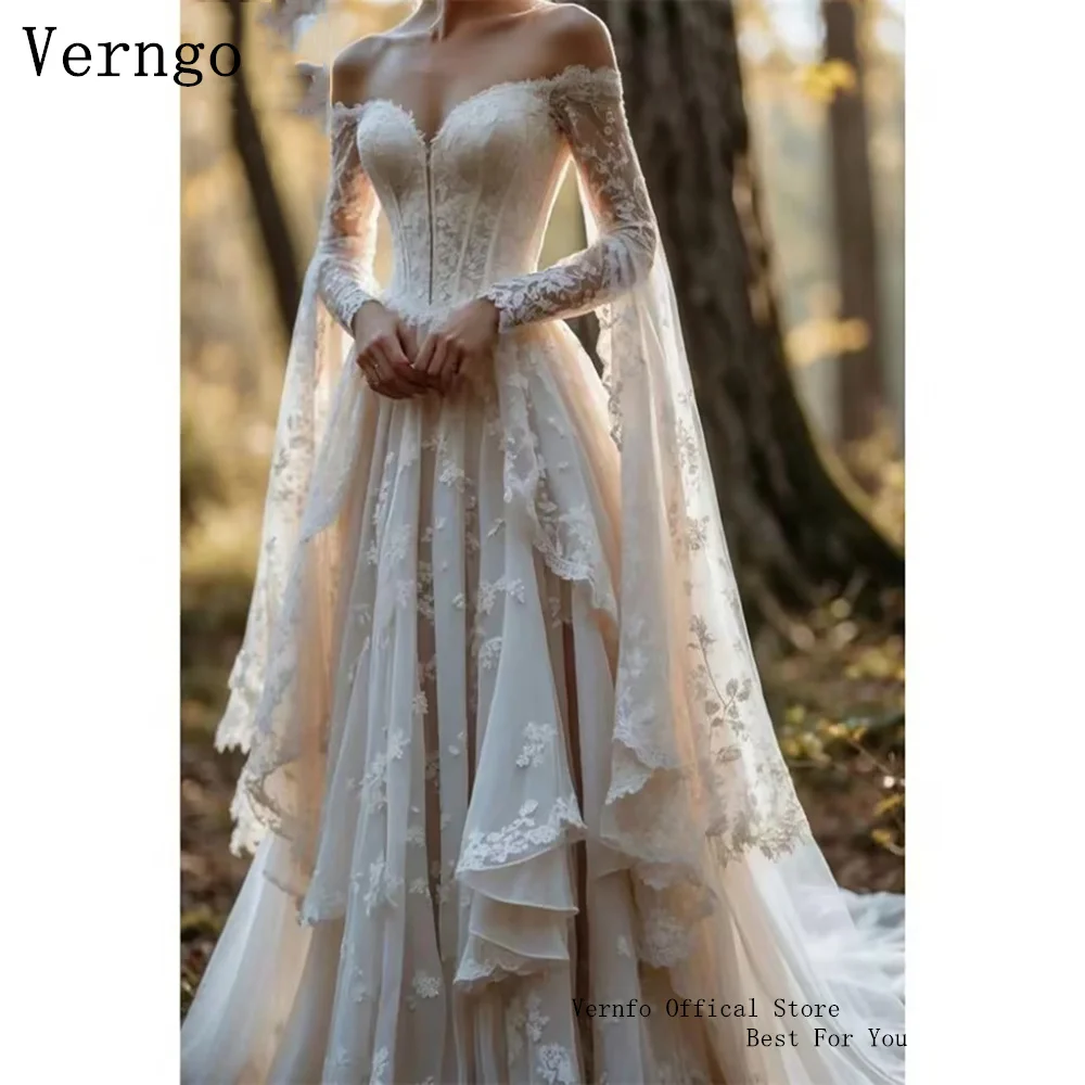 Verngo Boho schulterfreies, langärmliges Hochzeitskleid, Spitzenkorsett, A-Linie, Brautkleid, Feenwald, elegantes Brautkleid, individuell gestaltet