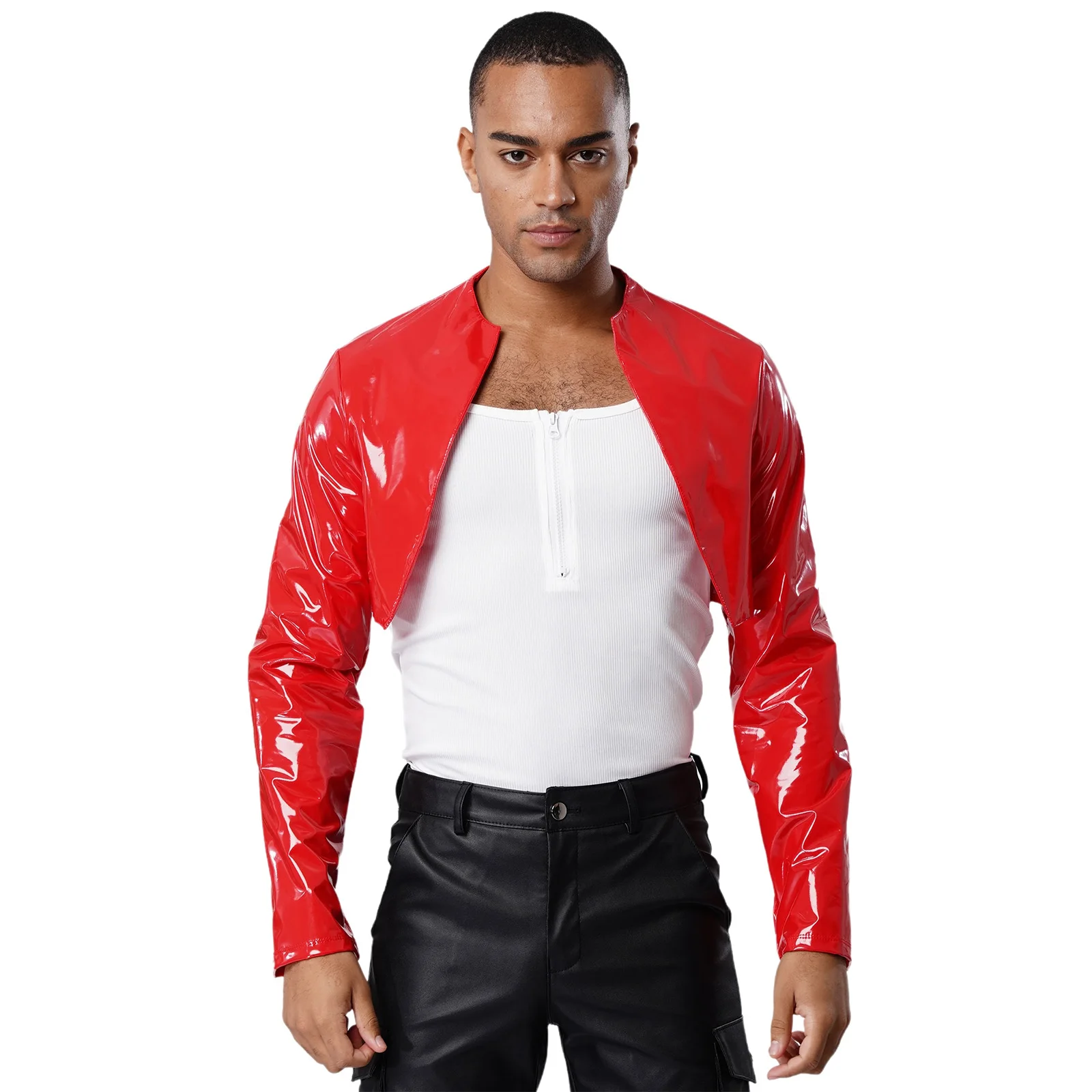 

Mens Glossy PU Cardigan Cropped Jackets Open Front Long Sleeve Unlined Motor Biker Coat Disco Rave Party Driving Clubwear