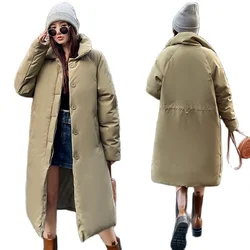 Down Lapel Cotton Coat Women's Long Over Knee 2023 New Loose Ladies Winter Trend Parkas Casual