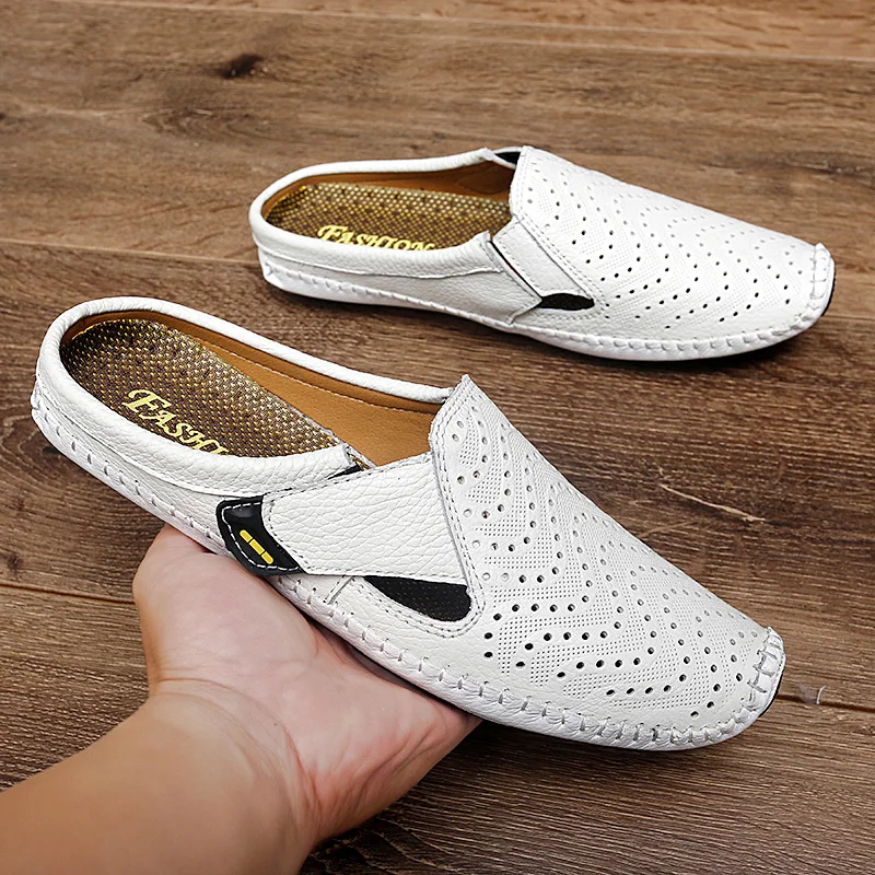 Large Plus Size 45 46 Semi-Drag Casual Shoes Mens Mules Summer Genuine Leather Slip On Half Shoes For Men Loafers Slippers Flats