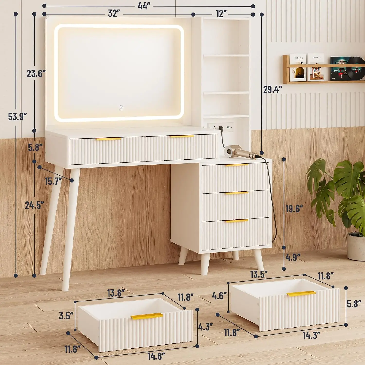 Vanity Desk with Mirror and Lights, Makeup Vanity Desk with Power Outlet, Makeup Desk with 5 Drawers&Storage, Customized