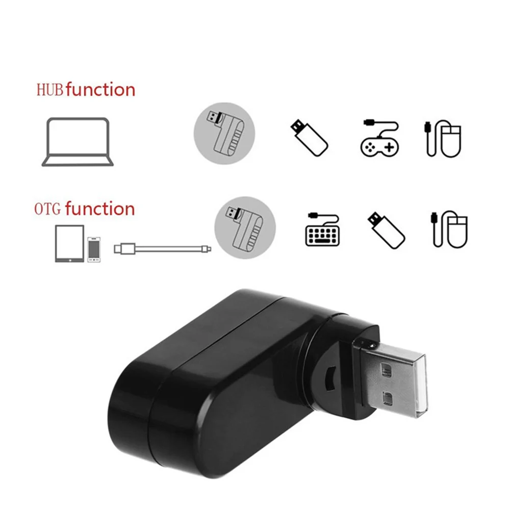 USB 2.0 High Quality Rotate Hub USB Black 3 Ports Mini Splitter Adapter
