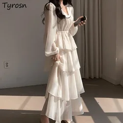 Lantern Sleeve Dress Women A-line High Waist Ladies Ruffles Elegant Sweet Gentle French Princess Clothing Ankle-Length Aesthetic