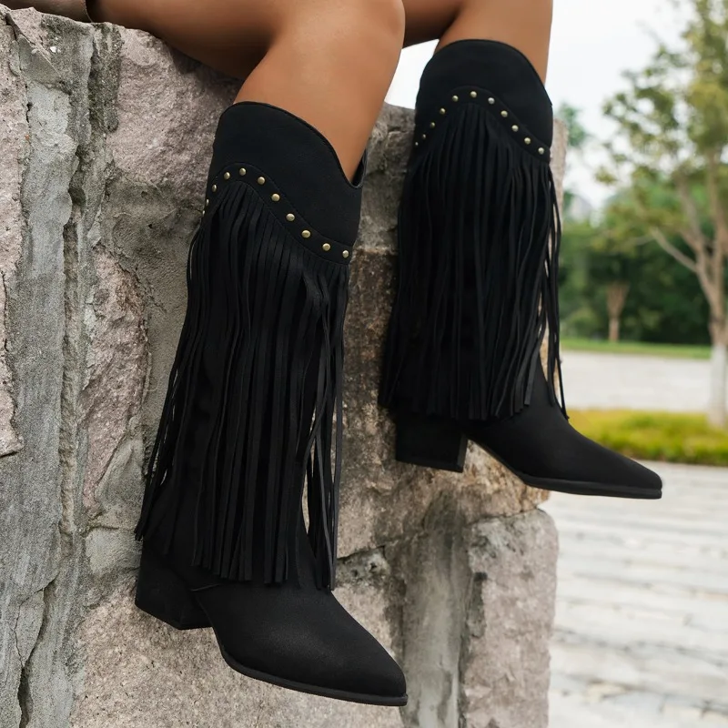 Women winter new simple solid color non-slip thick-soled high boots2024fashion tassel design casual shopping ladies formal boots